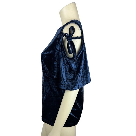 Vanessa Scott Blue Velvet Cold Shoulder Top S Tie Sleeve Open Shoulder Small - Picture 3 of 11